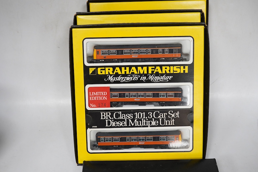 Four boxed Graham Farish N gauge railway Class 101 train packs; a BR Regional Railways 2-car DMU (8131), a Strathclyde 3-car DMU (814A), a BR 3-car DMU (8143) and a Network SouthEast 3-car DMU (8148). Condition - good.